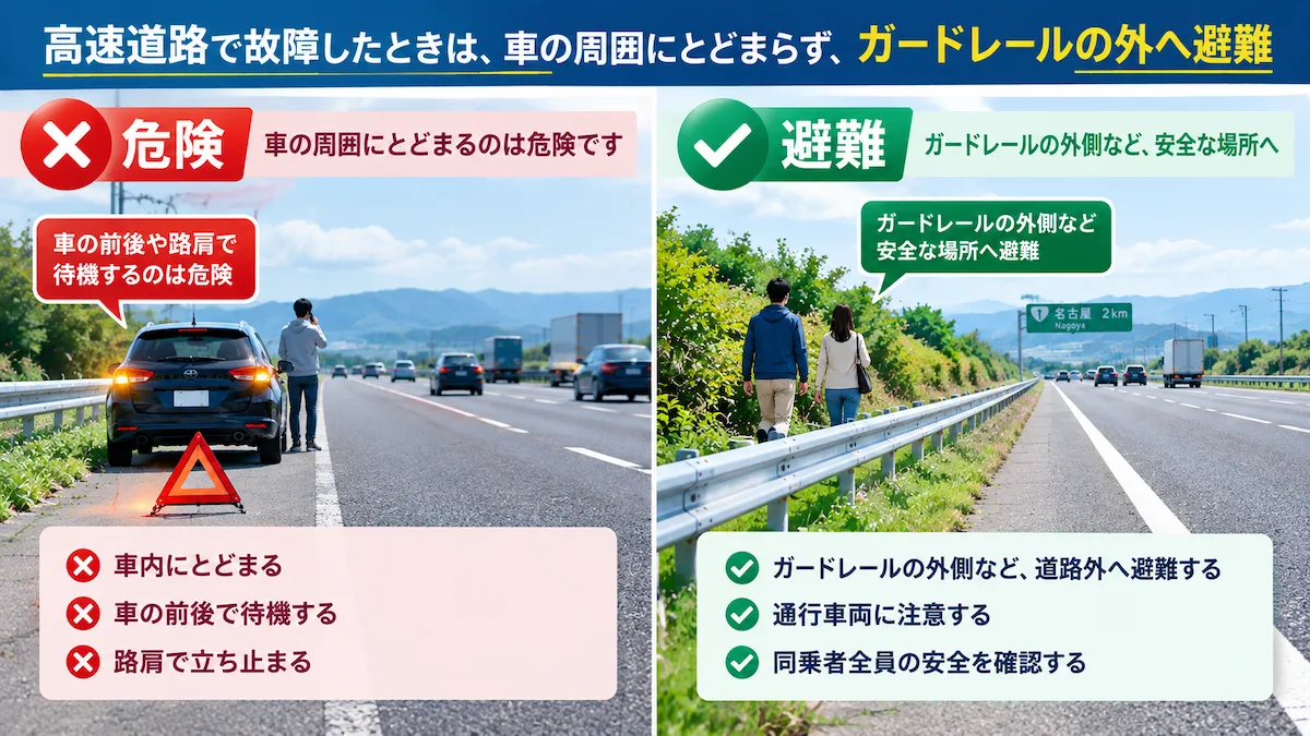 高速道路で故障した際に車の周囲にとどまる危険性とガードレールの外への避難を示す図