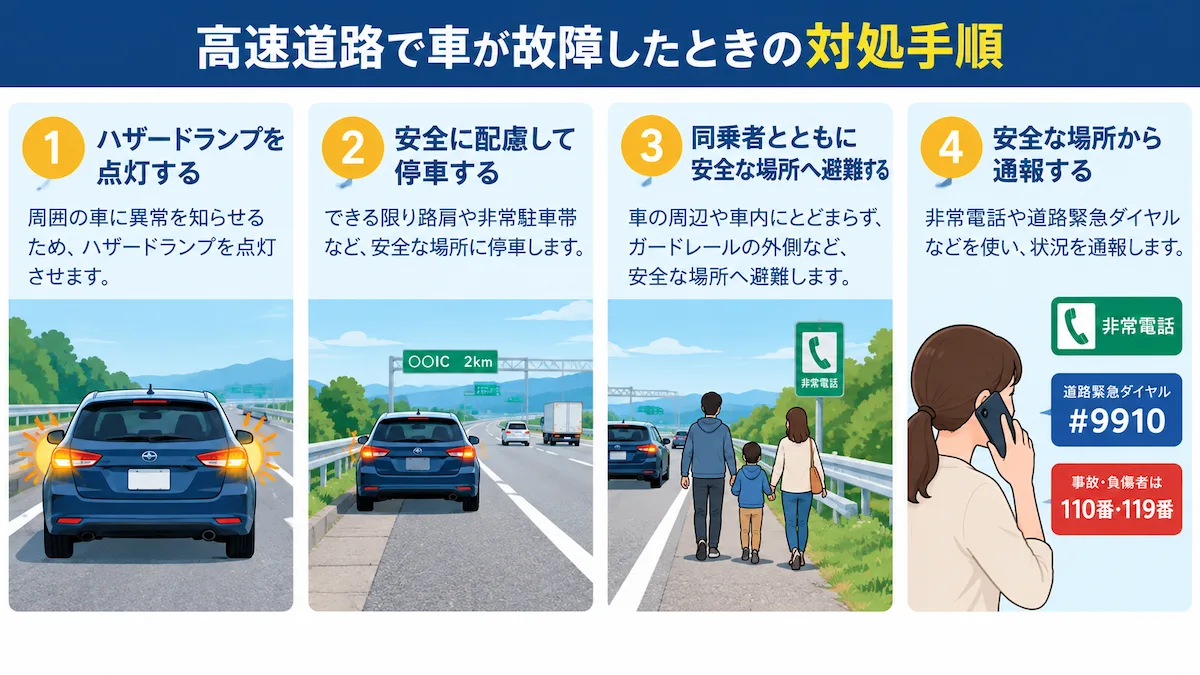 高速道路で車が故障した際の対処手順を示した図解