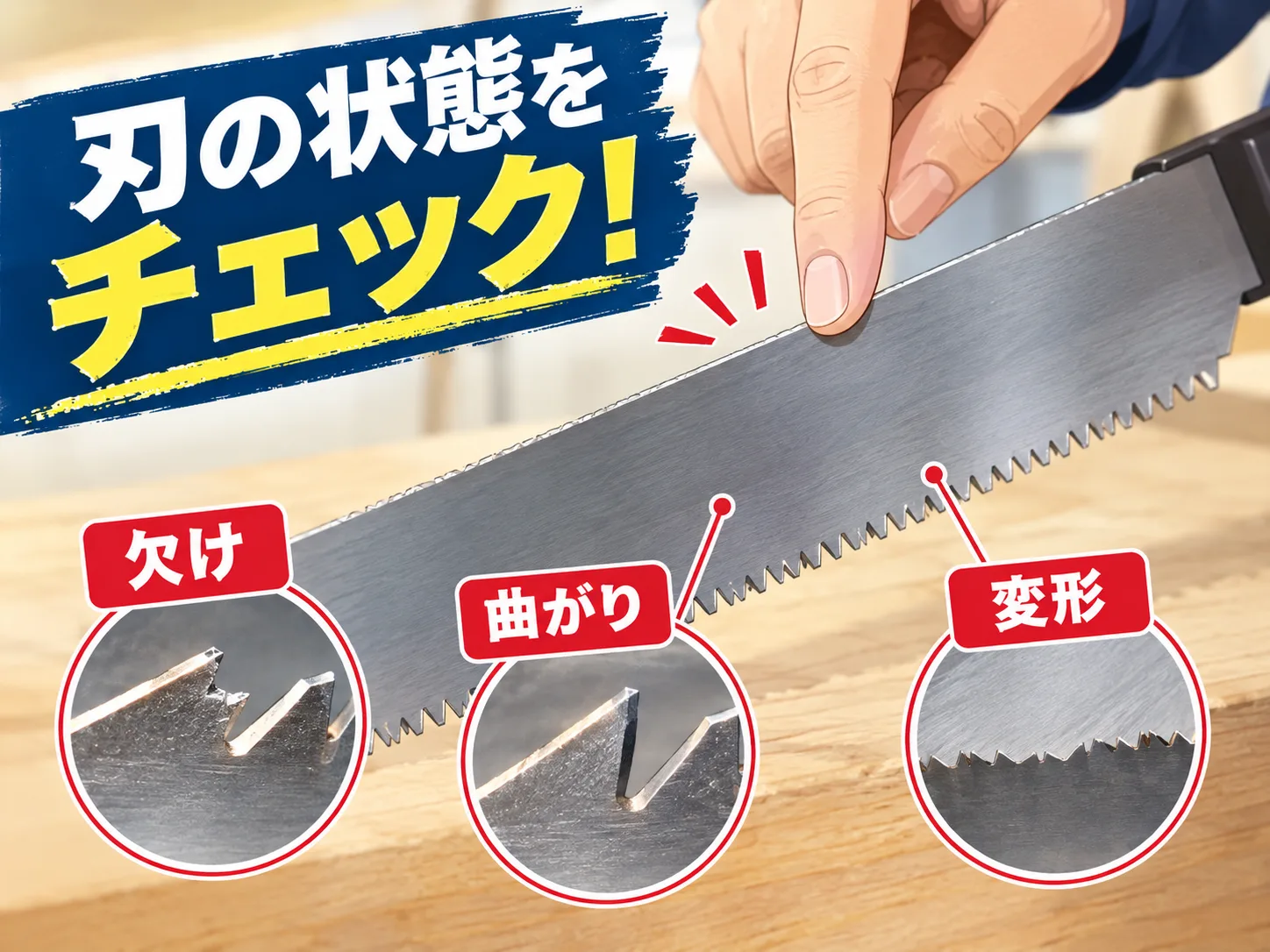 木材を固定してのこぎりを適切に動かす様子