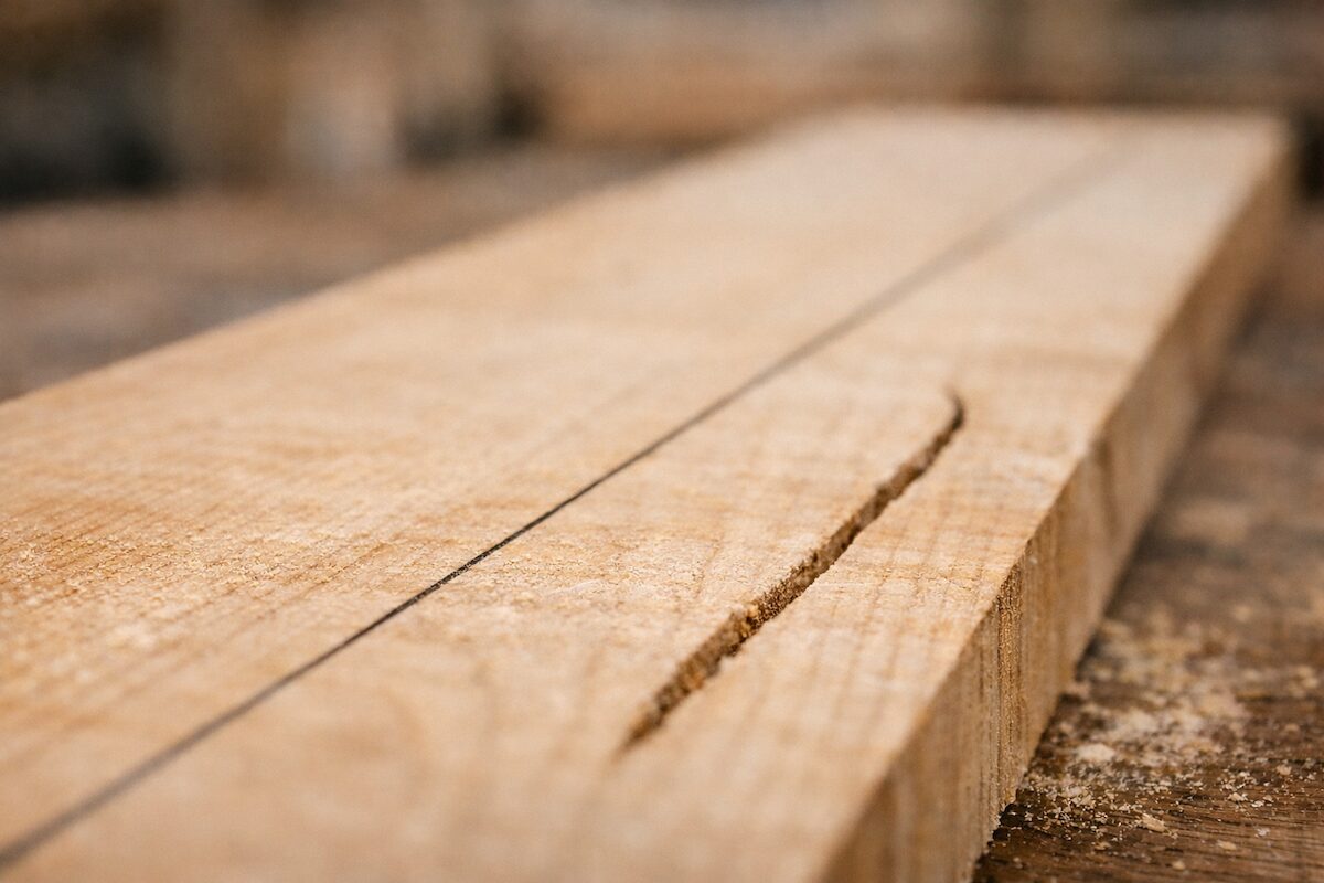 のこぎりで切った木材の切り口が墨線から曲がっている例