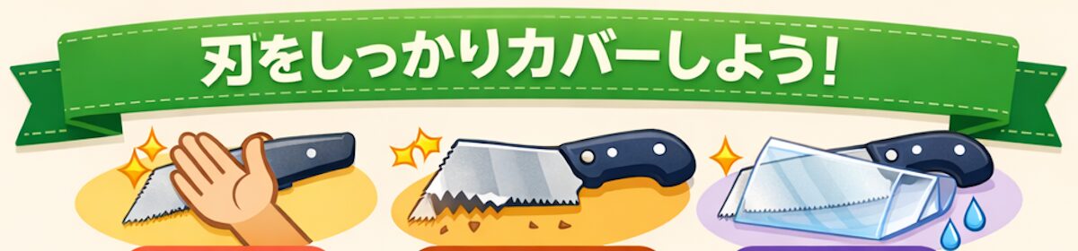 ノコギリの刃を厚紙と包装紙で保護する方法