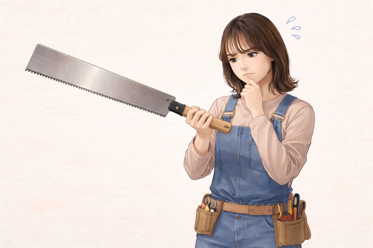 DIY初心者が扱いにくいのこぎりを選んで失敗しているイメージ