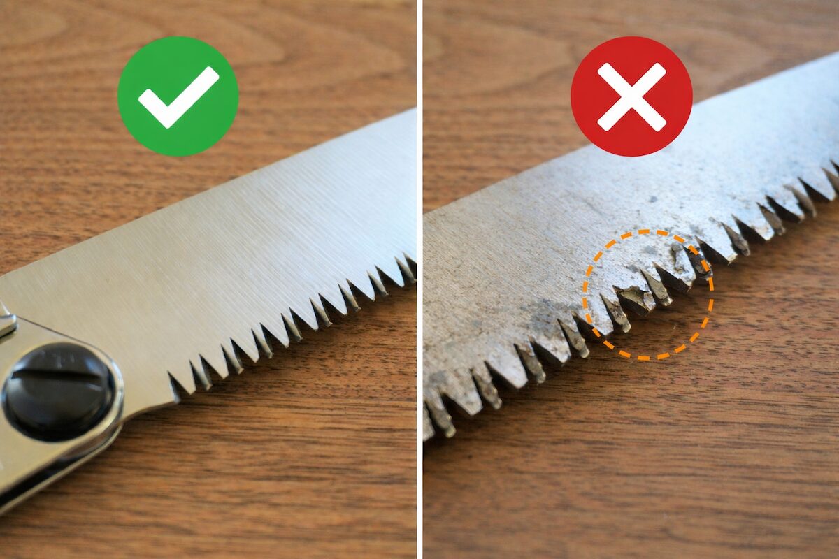 のこぎり替刃の交換目安となる歯先の状態比較（まだ使える刃と交換が必要な刃）