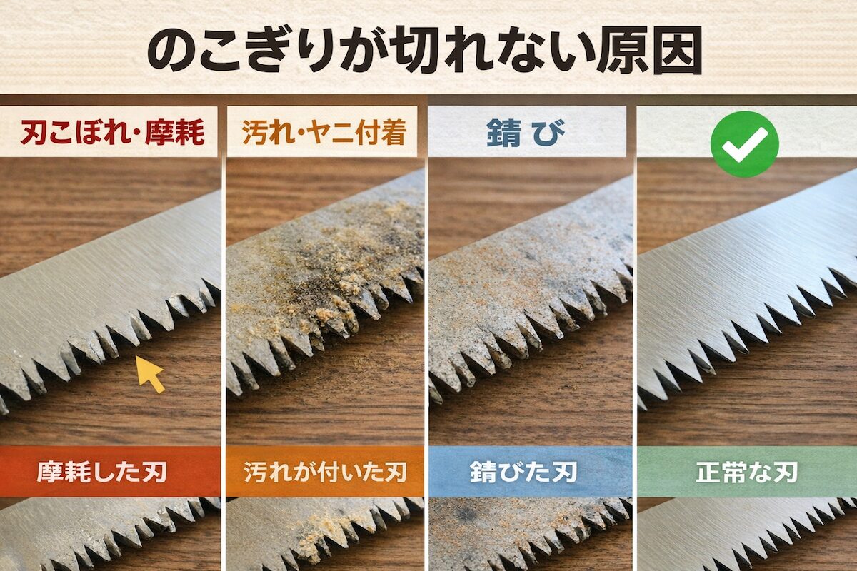 のこぎりが切れない原因となる刃の状態の違い（摩耗・汚れ・錆）