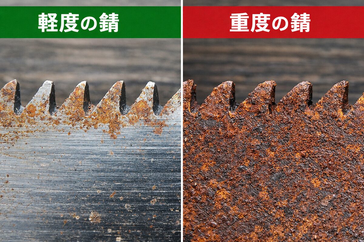 錆びたノコギリの刃先の状態（軽度の錆と重度の錆の例）