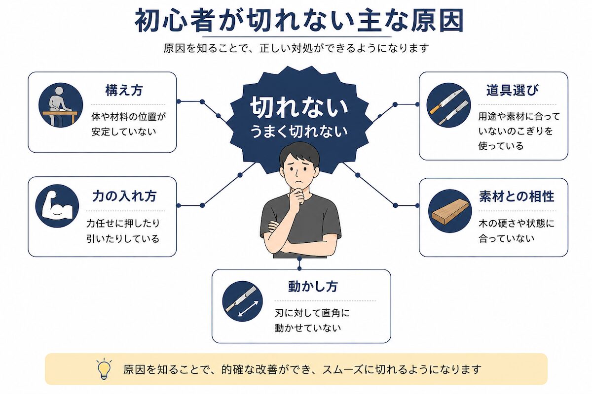 初心者がのこぎりで切れない原因を整理した図