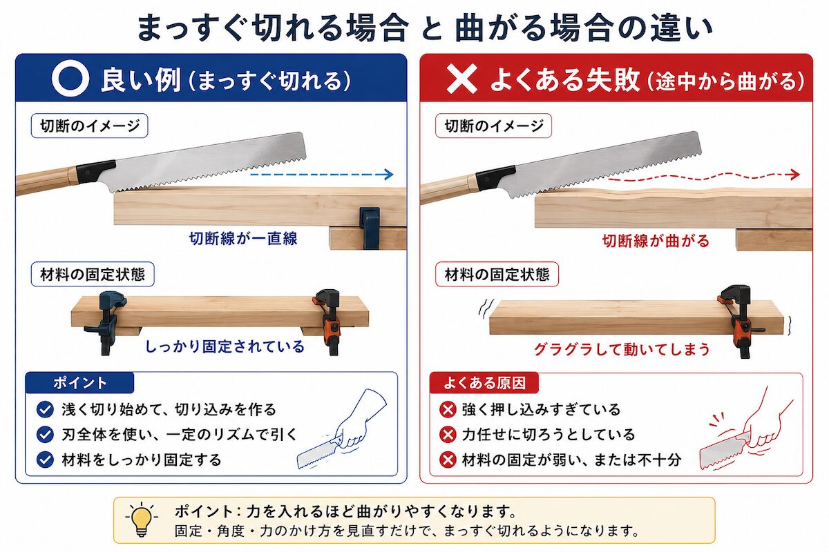 のこぎりでまっすぐ切れる例と曲がる例の比較図