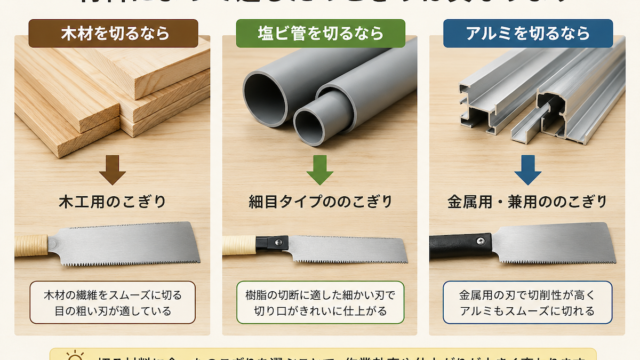 木材・塩ビ管・アルミと用途に合ったのこぎりを比較したイメージ
